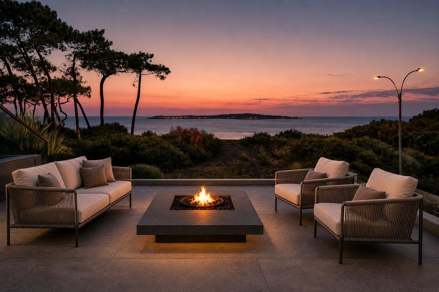 Rooftop privado al atardecer con fogonero y vista al mar